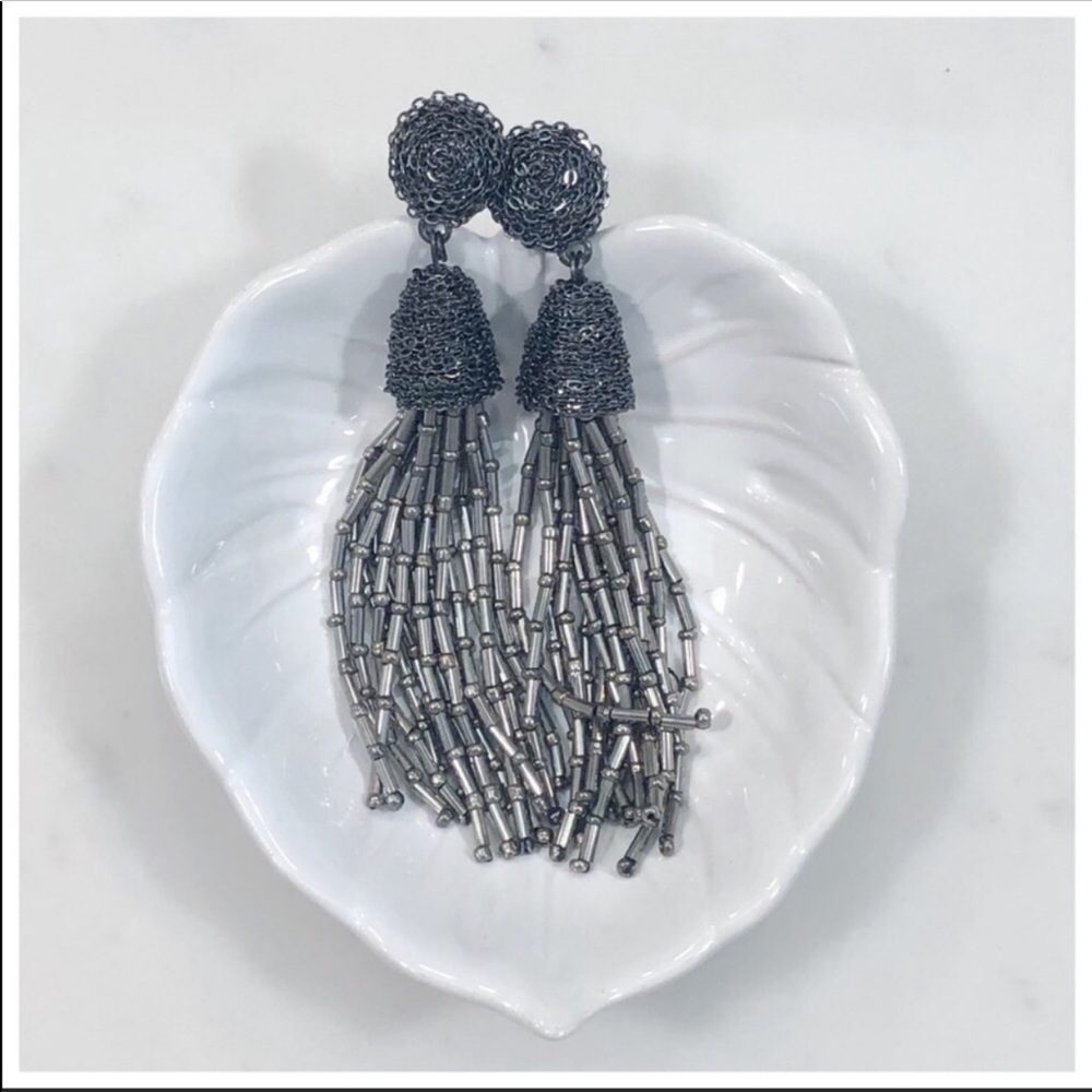 Clip On nOir Jewelry Beaded Earrings, Metallic Tassel Dark Gray Silver Beads